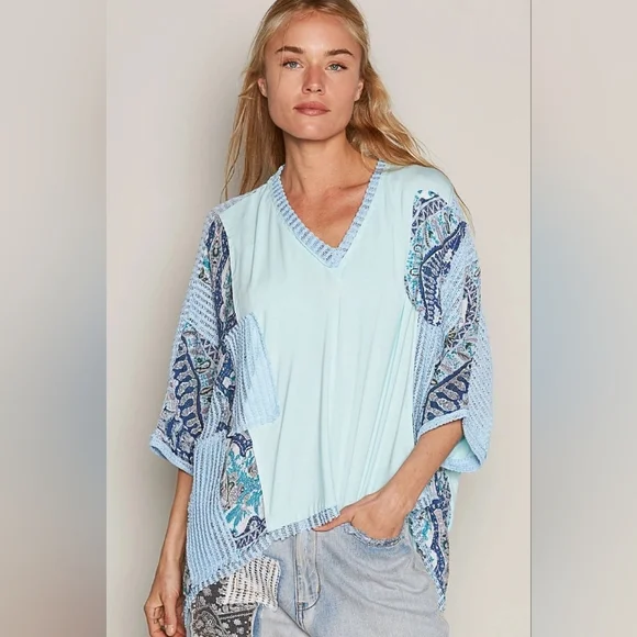 POL Blue Boho Print + Sheer Knit V Neck Rayon Jersey Top - Picture 2 of 14